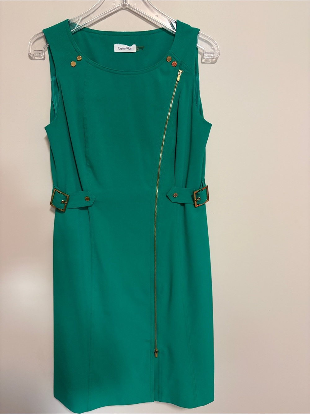 Calvin Klein Teal Green Sleeveless Sheath A Line Dress with Gold Hardware Size 8